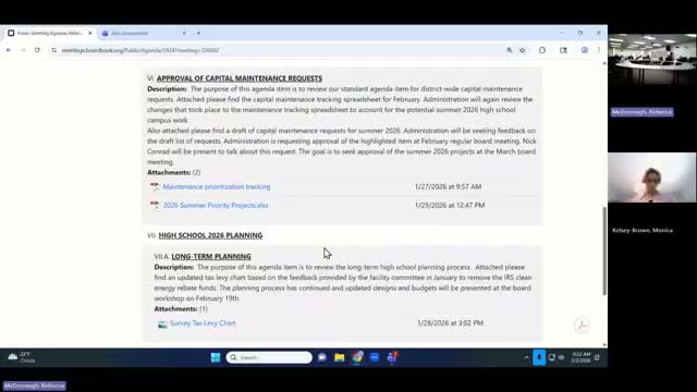 District previews high‑school planning process for Feb. 19 workshop; tax‑levy chart updated