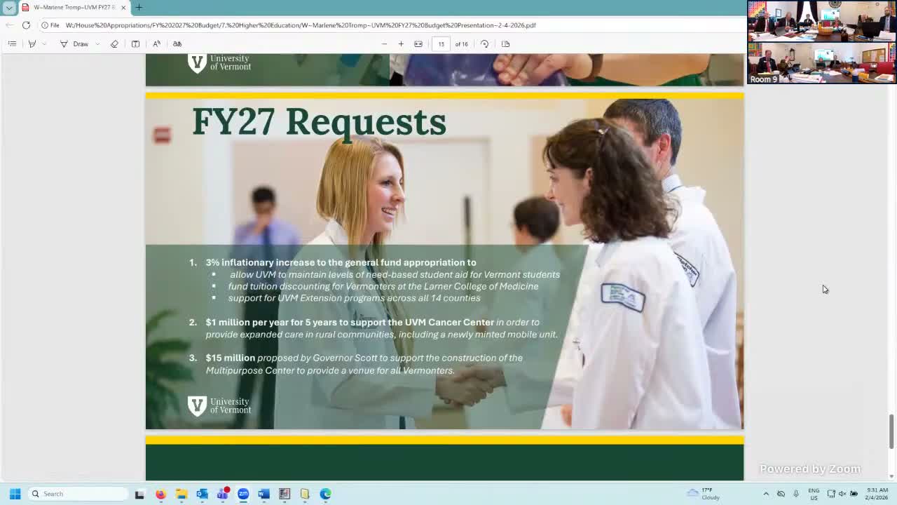 UVM president asks legislature for inflationary increase, $1M/year for cancer center and support for multipurpose arena