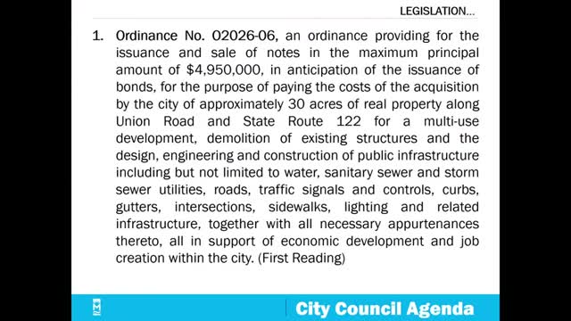 Council receives first reading on $4.95 million bond‑anticipation notes for land acquisition