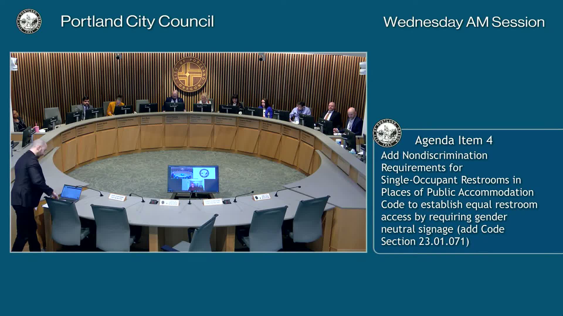 Portland council advances gender‑neutral signage for single‑occupant restrooms to second reading