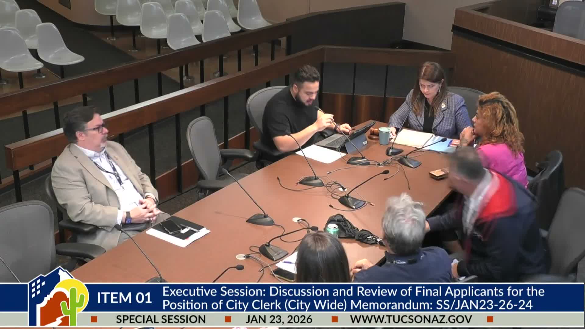 Mayor and council enter executive session to review city clerk finalists, then authorize staff to proceed