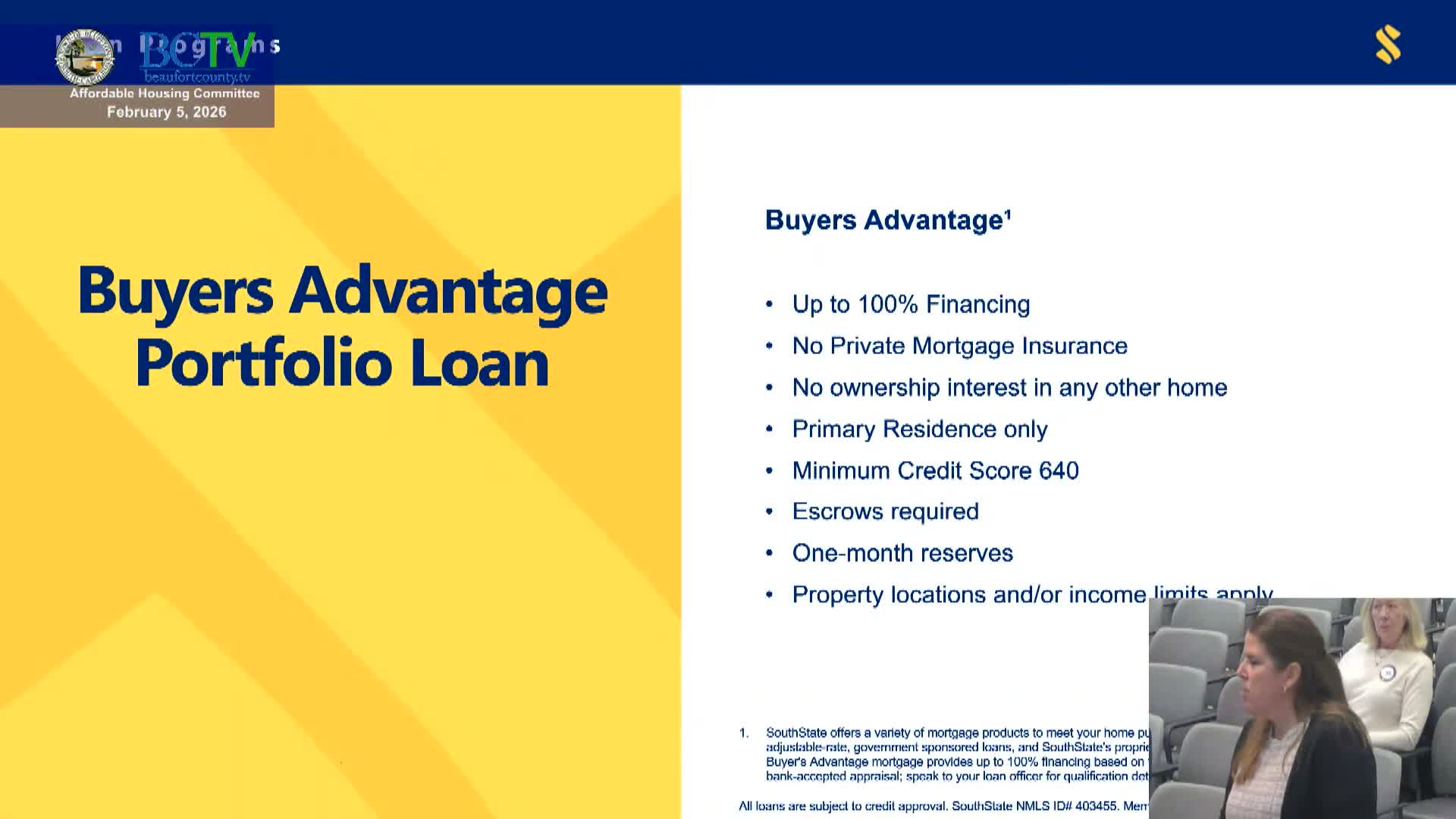 South State Bank outlines 100% financing option for first‑time buyers at Bluffton committee meeting