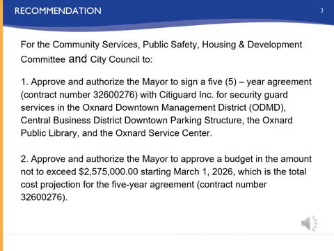 Oxnard staff recommend five‑year $2.6 million contract with City Guard for downtown security