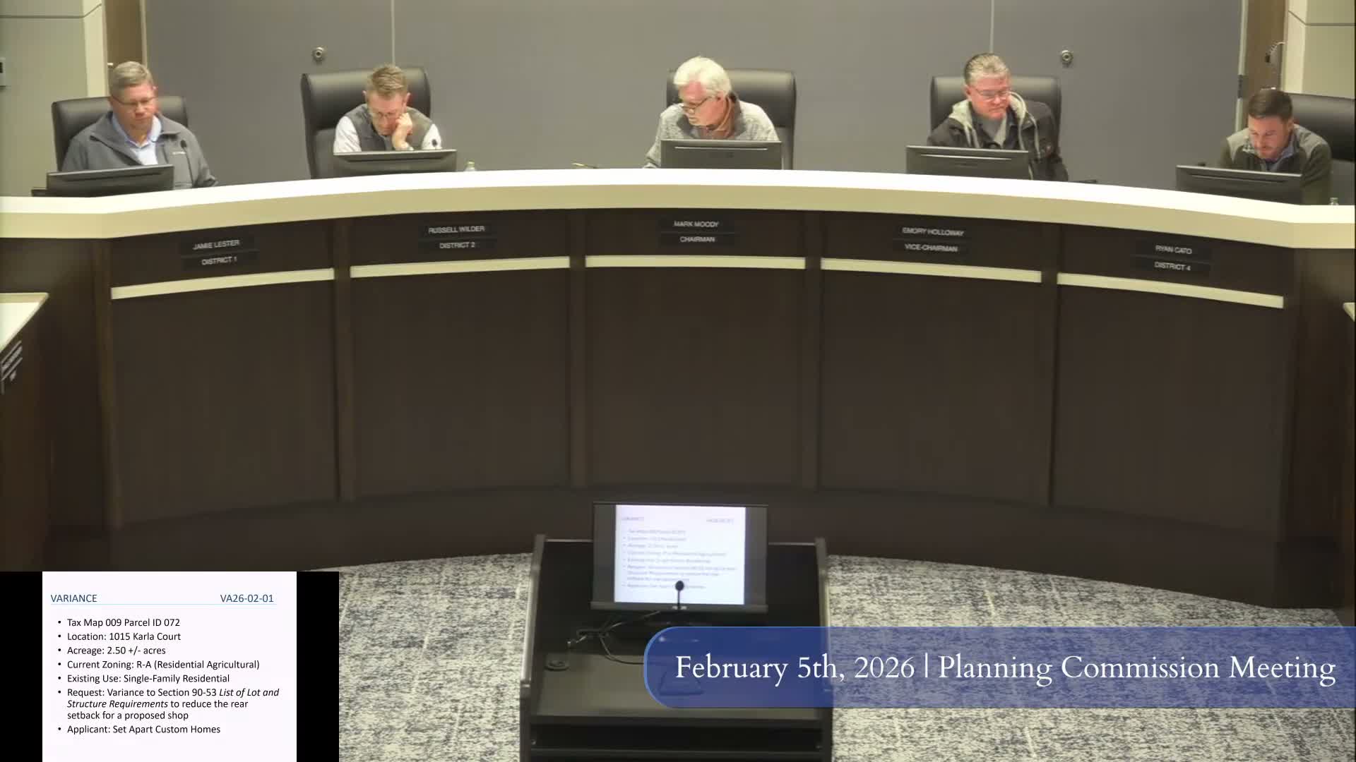 Applicant withdraws variance request for 1015 Carla Court; commission accepts withdrawal 4–0