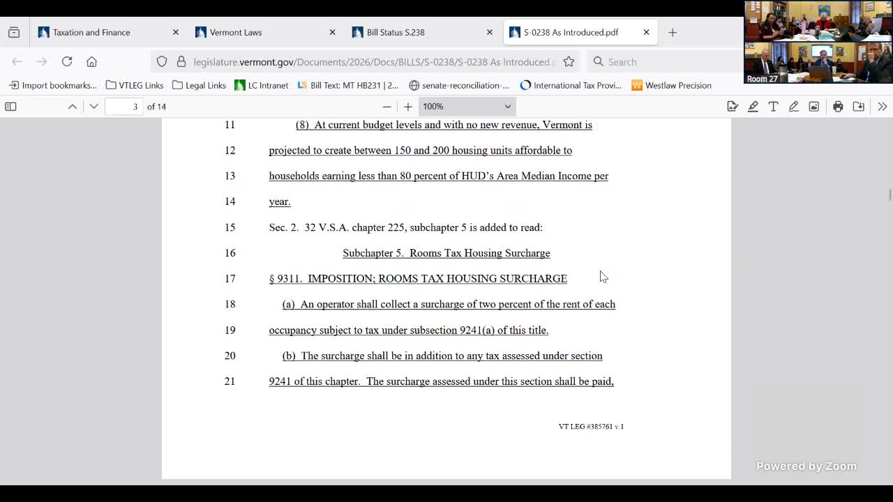 Committee reviews S.238: 2% rooms surcharge and 1¢/oz beverage excise to seed housing fund