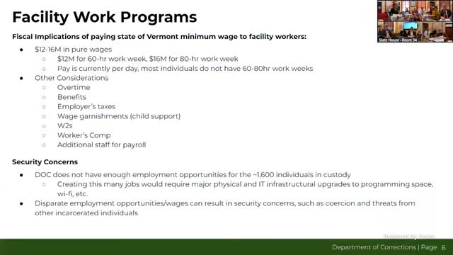 Committee examines fiscal impact of paying incarcerated workers higher wages under H.294