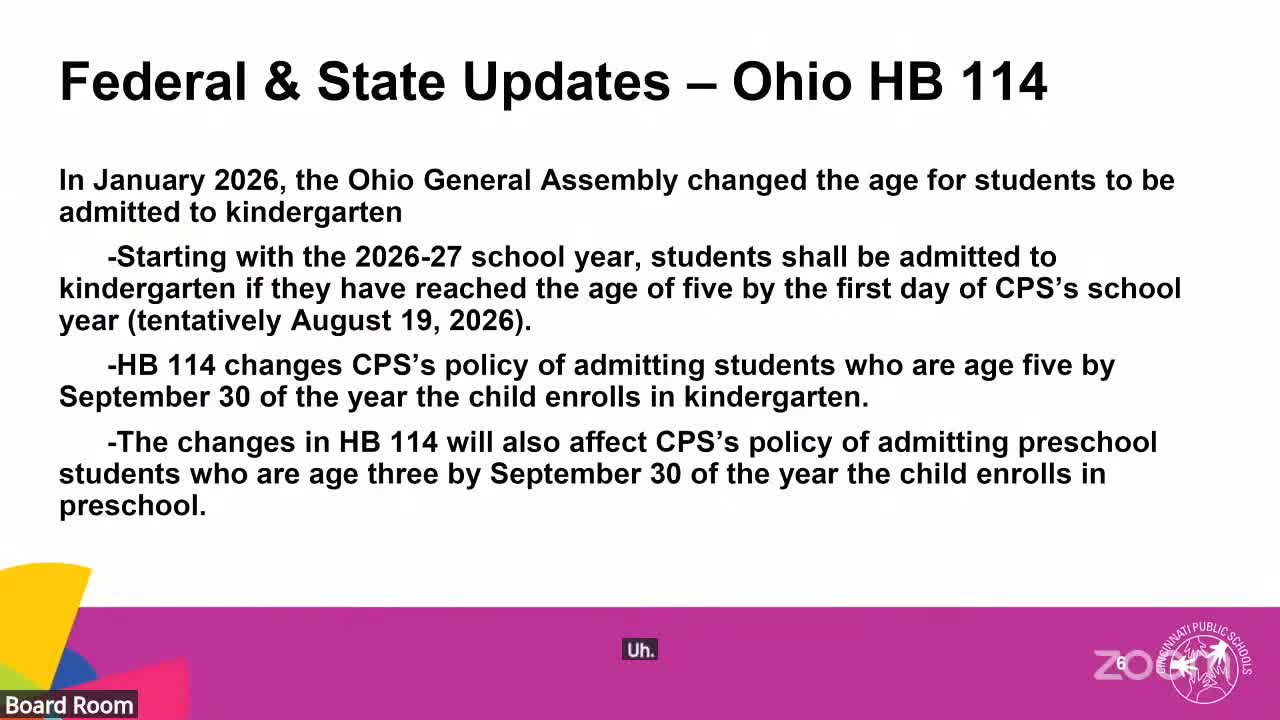 After Ohio’s HB114, Cincinnati Schools proposes early‑admittance policy to avoid pulling children out of planned kindergarten cohorts