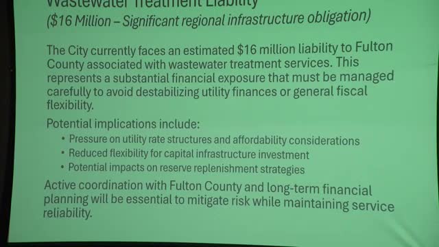 City manager warns of $16M wastewater liability and low reserves; council urged to plan for 2–3 year fiscal stress
