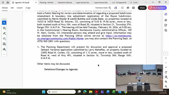 Montezuma County tables Mahaffey setback variance to verify site layout and safety