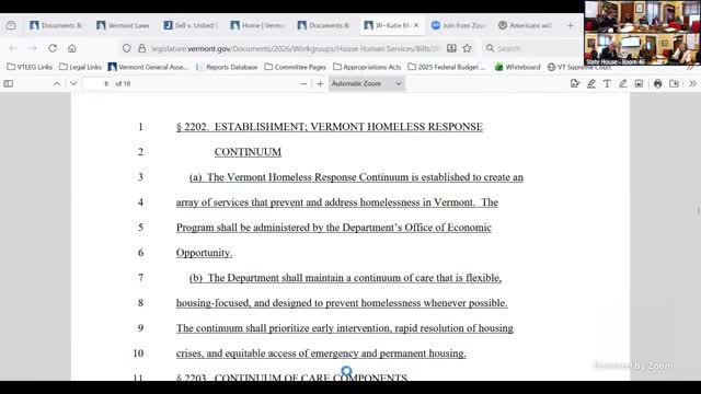 Committee reviews draft to create Vermont Homelessness Response Continuum; debate centers on triggers, municipal grants and administrative approach