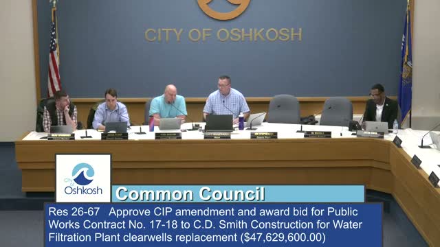 Oshkosh Council amends CIP and awards $47.63 million contract for water plant clear-wells replacement