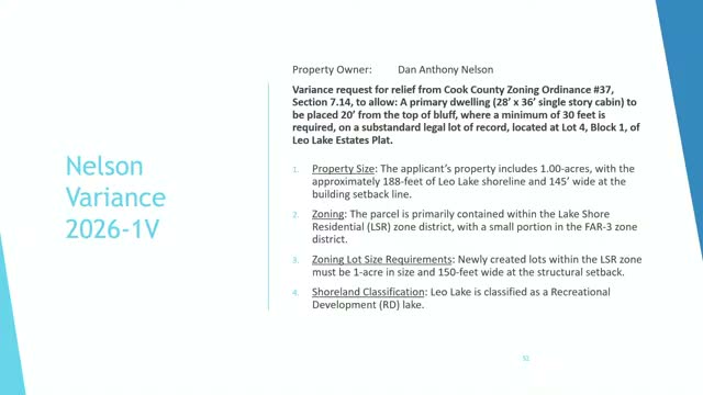 Board approves bluff‑setback variance at Leo Lake Estates for proposed cabin