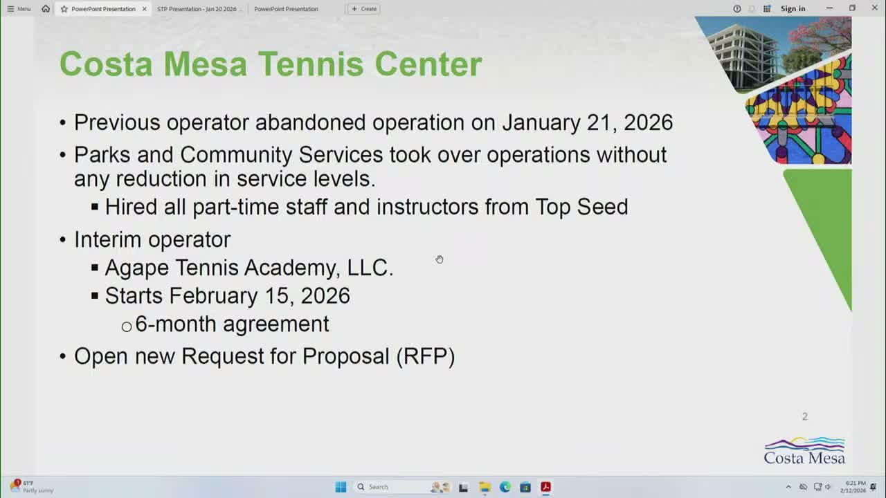 Costa Mesa staff say tennis center operations continued after operator left; Lions Park cafe vendor and 'poetry in the park' plans announced