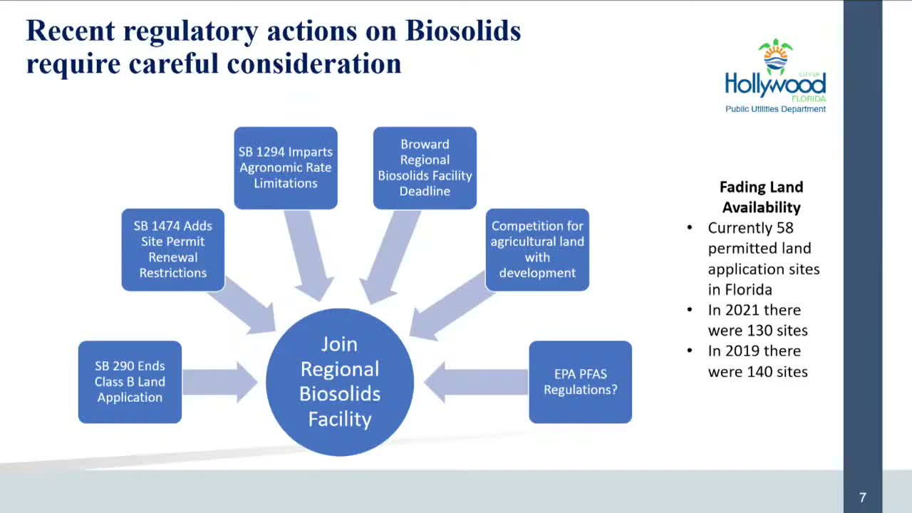 Hollywood commissioners question joining regional biosolids facility while staff warns land‑application is closing