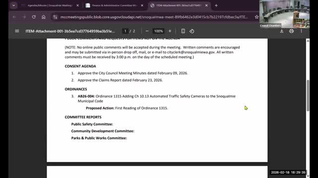 Snoqualmie schedules first reading of automated traffic safety cameras ordinance