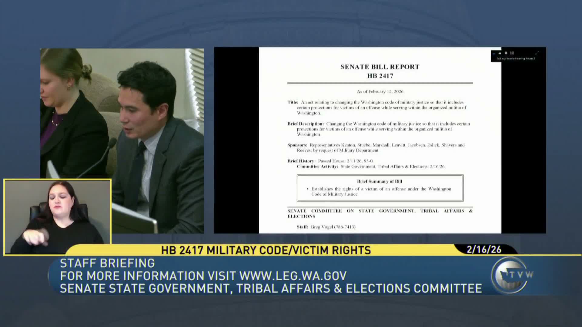 Bill to align Washington military‑justice victims’ rights with federal law advances to committee consideration