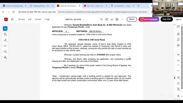 Board renews Don's Auto Body temporary permit with conditions limiting signage and advertising