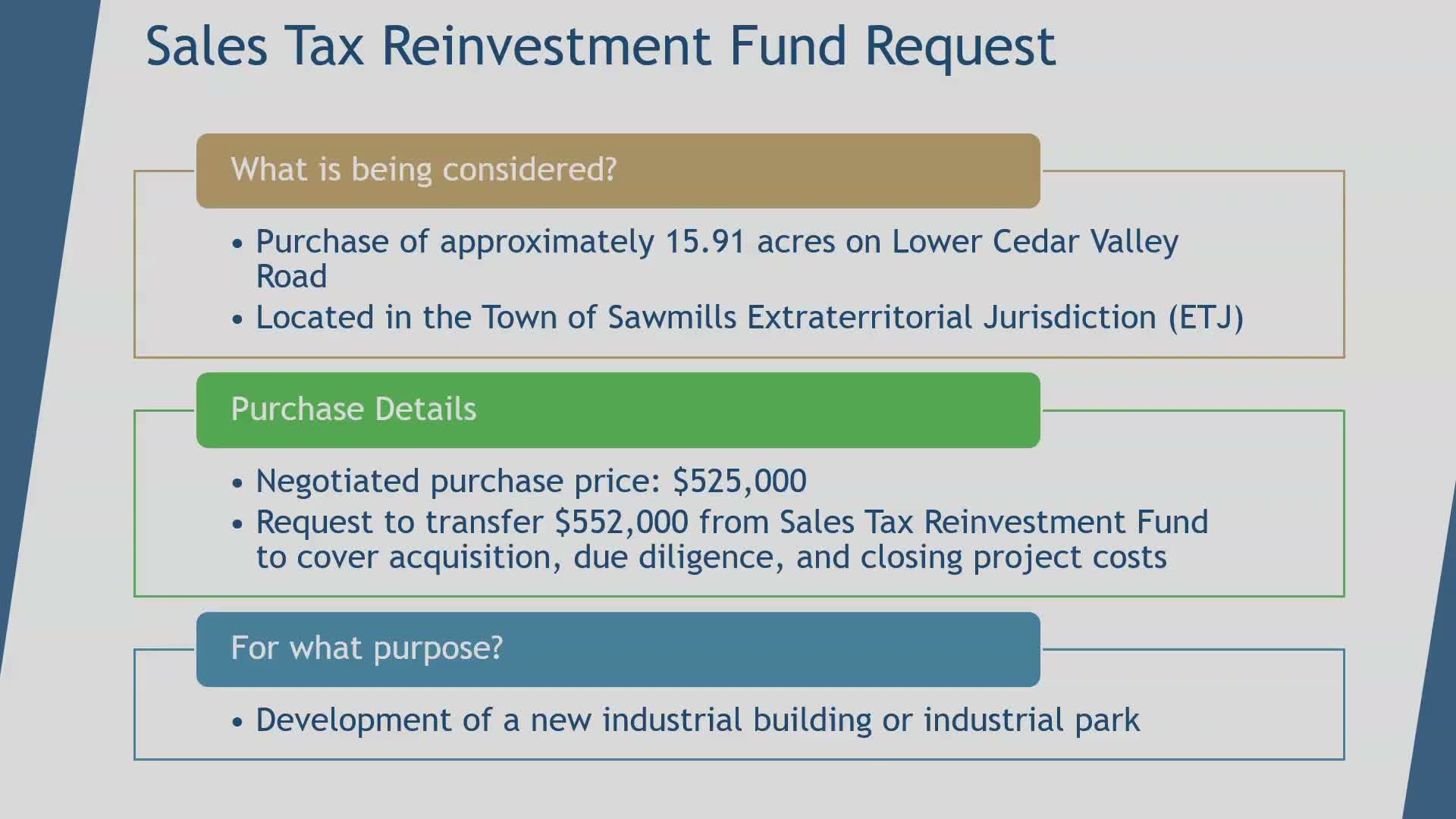Commissioners approve $552,000 from sales tax reinvestment fund to secure industrial site on Cedar Valley Road