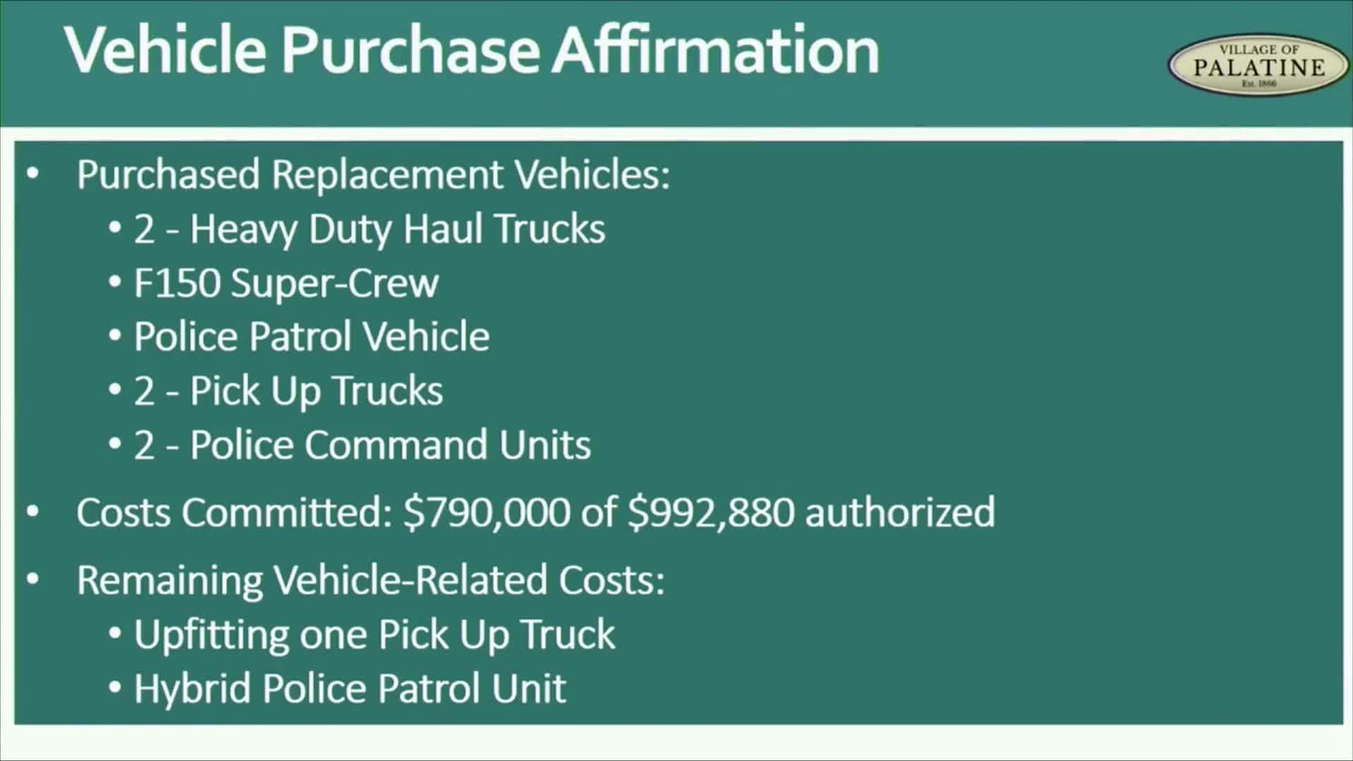 Palatine committees affirm vehicle purchases and enroll in state debt-recovery program