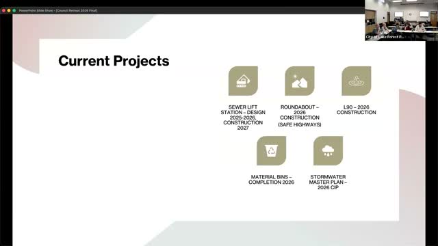 City staff brief council on roundabout, lift station, Lakefront Park and city‑hall resilience projects