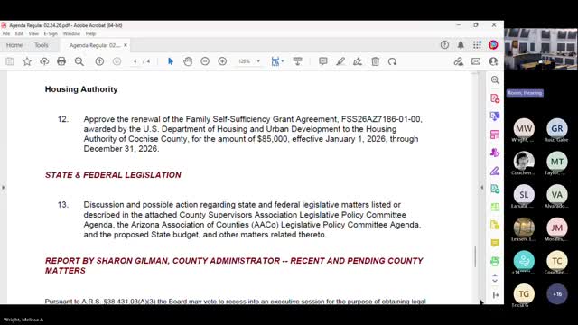 Board renews HUD Family Self-Sufficiency grant to Cochise housing authority for $85,000