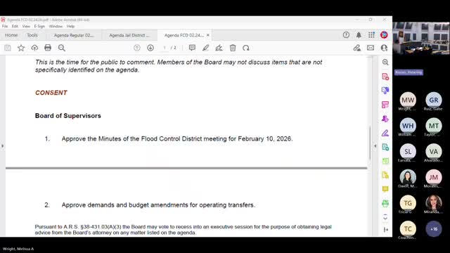 Cochise County Flood Control District approves consent agenda items 1 and 2, 2-0 (one not voting)