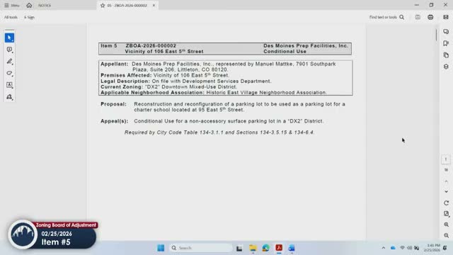 Board approves reconstructed parking lot to serve Des Moines Prep at 106 E. 5th St.