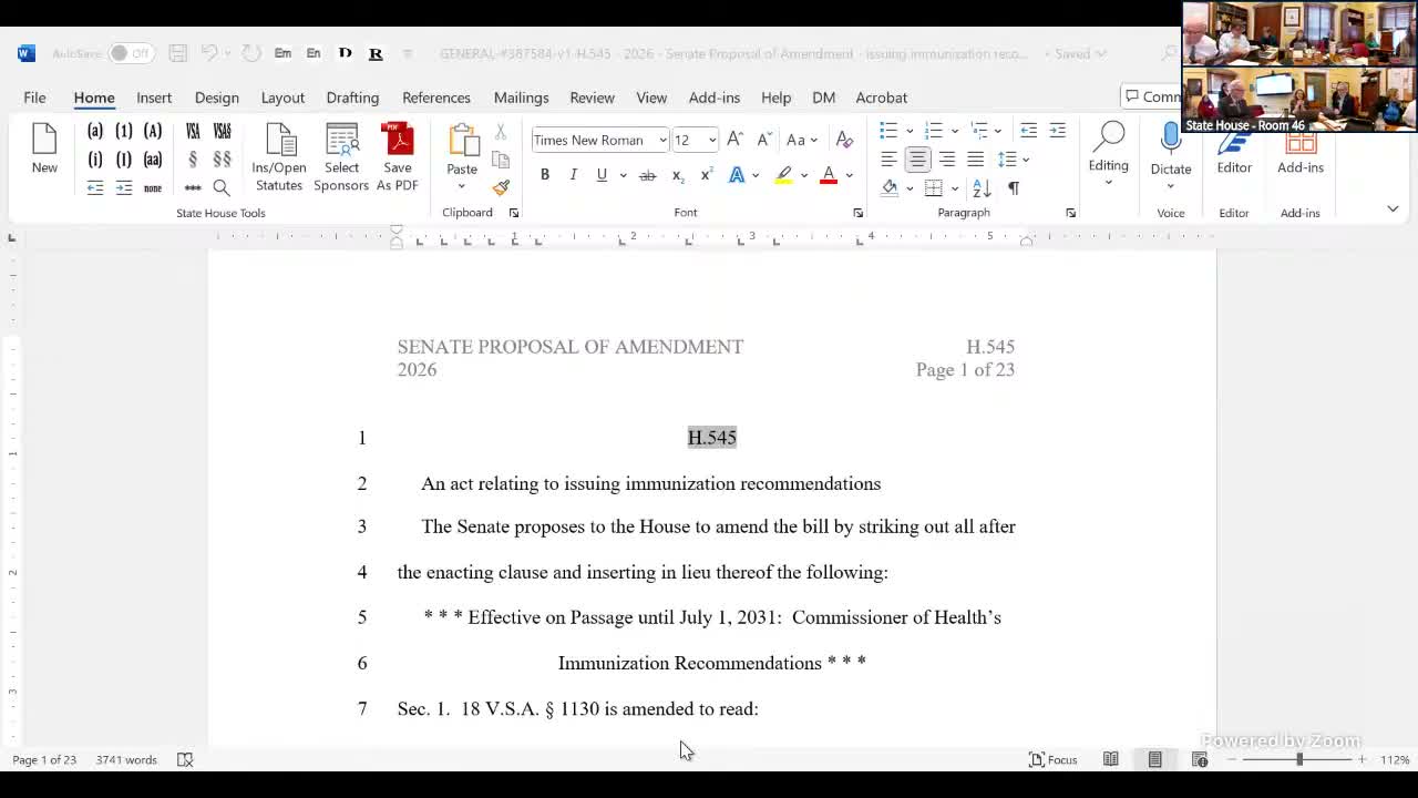 Committee reviews senate edits to immunization bill; pharmacy‑tech authority aligned with current practice