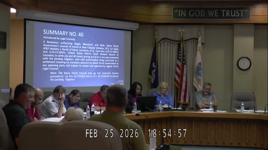 Council enters executive session on AT&T litigation; returns and approves non-monetary settlement authorization with abstention