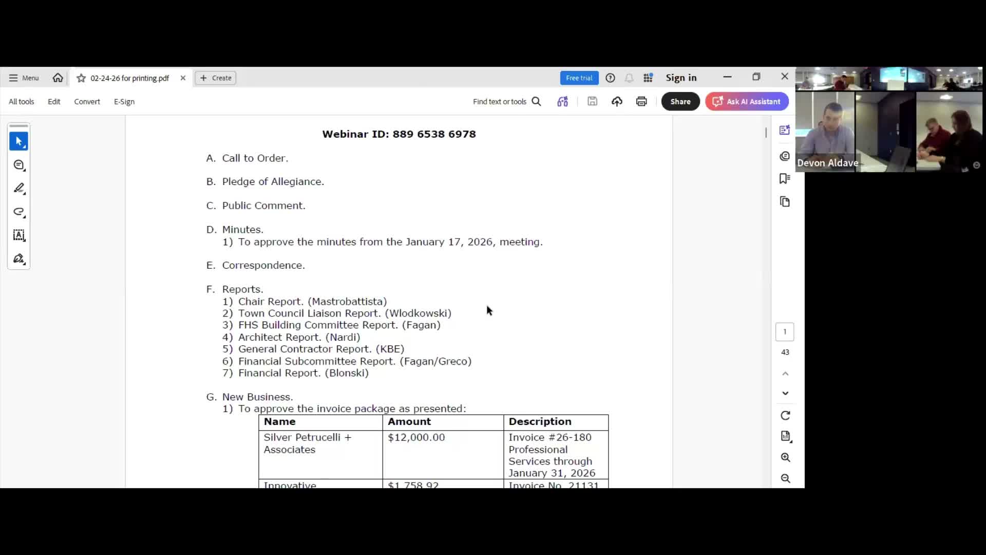 Committee approves invoices and several change orders; finance report shows project nearing closeout