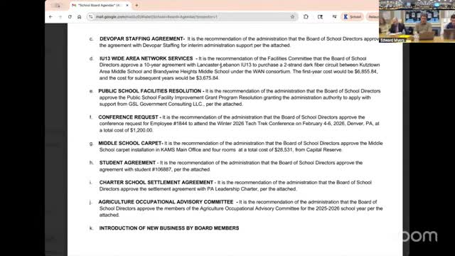 Board approves personnel, policies, contracts and grant application; dark‑fiber network and charter settlement pass