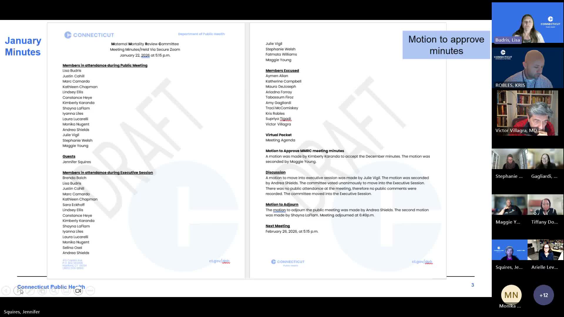 MMRC approves January minutes and moves to closed executive session on confidential maternal-death cases