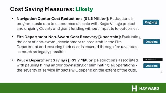 Hayward council hears $32.5 million shortfall; staff recommends mix of one‑time fixes, property sales and labor talks