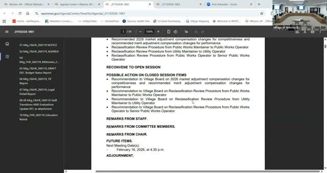 Committee recommends 2026 market and merit pay adjustments and several reclassifications to Village Board