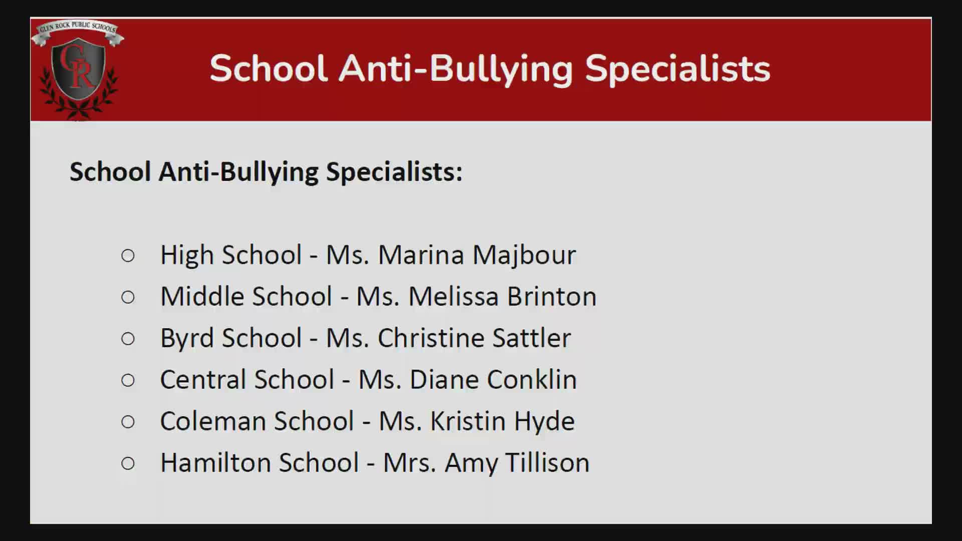 Glen Rock presents anti‑bullying, student safety data showing no state‑reportable incidents in fall term