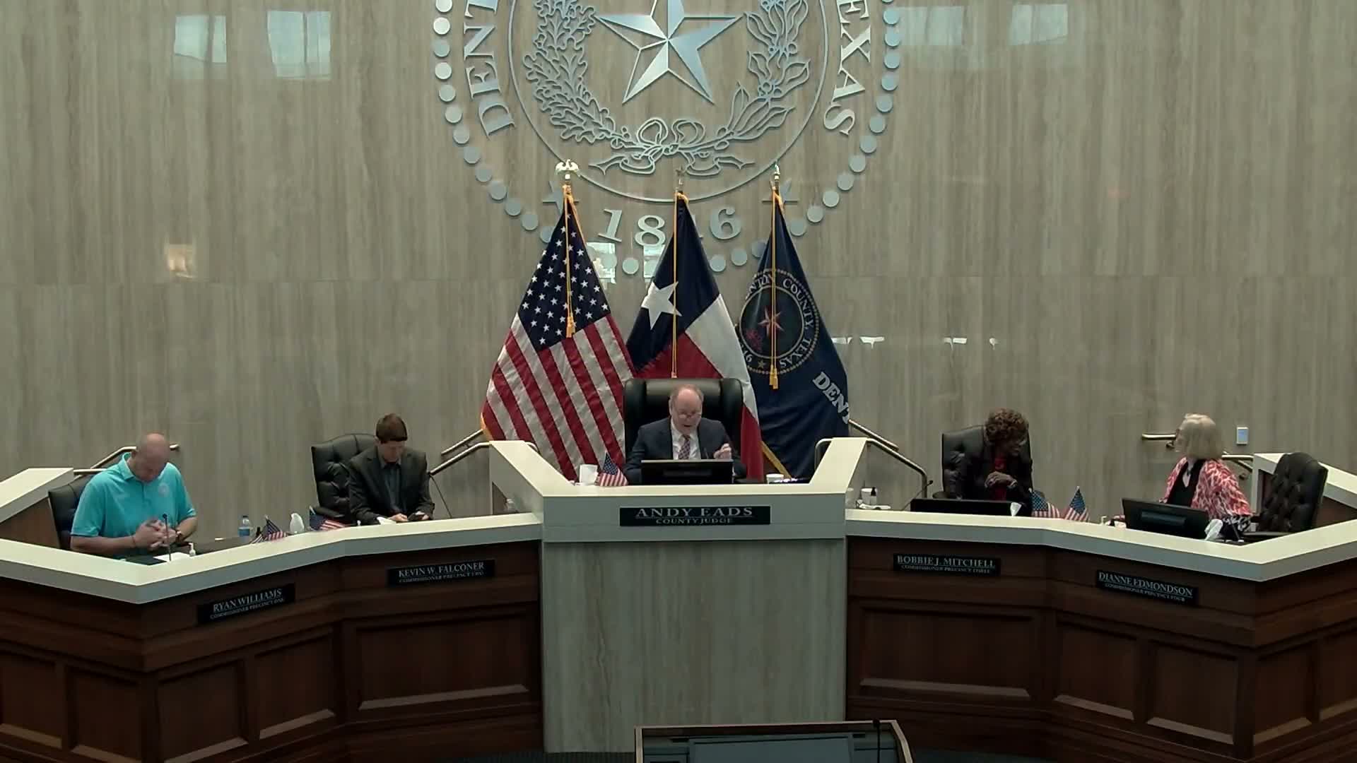 Chair reconvenes court, says no action on items 15a–15c; reminds voters polls are open until 7 p.m.