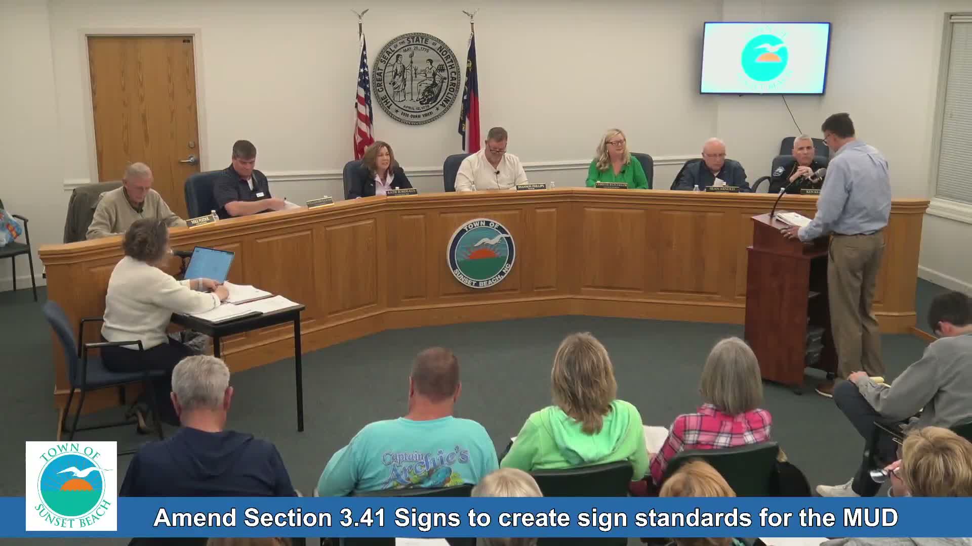 Sunset Beach council tables proposed mixed‑use district sign standards over 79‑color palette