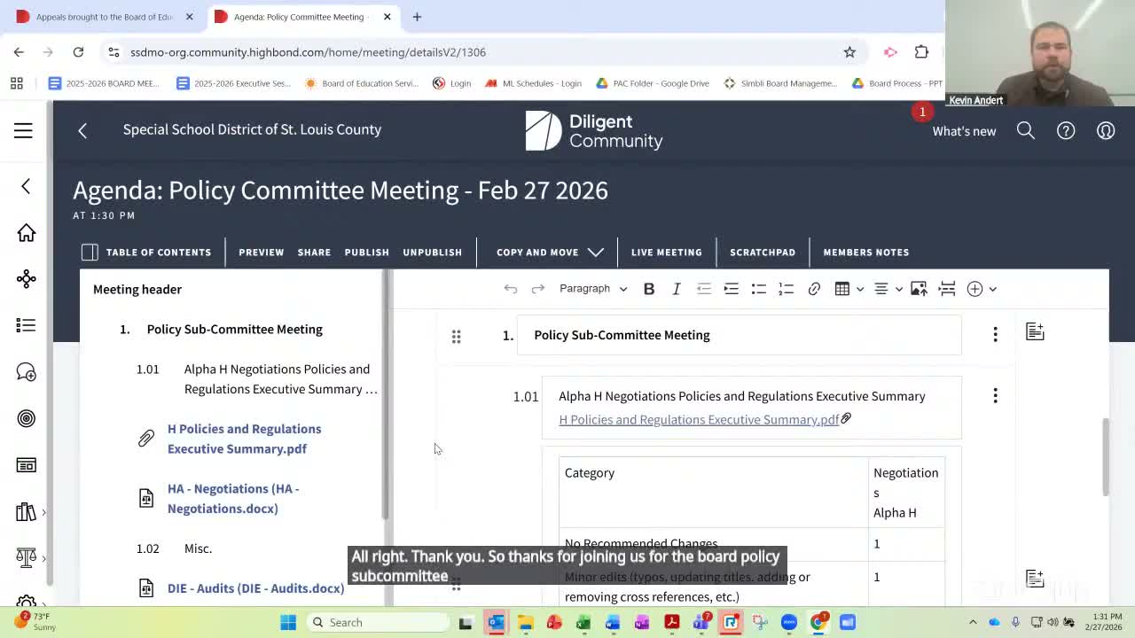 Policy subcommittee reviews H policies, holds off on G policies until bargaining concludes