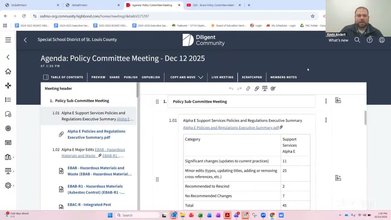 Policy subcommittee reviews student-support and facilities policies, schedules first and second readings