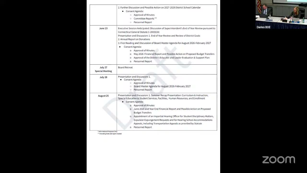 Darien Board outlines streamlined 2026–31 strategic‑plan process and unanimously approves consent agenda