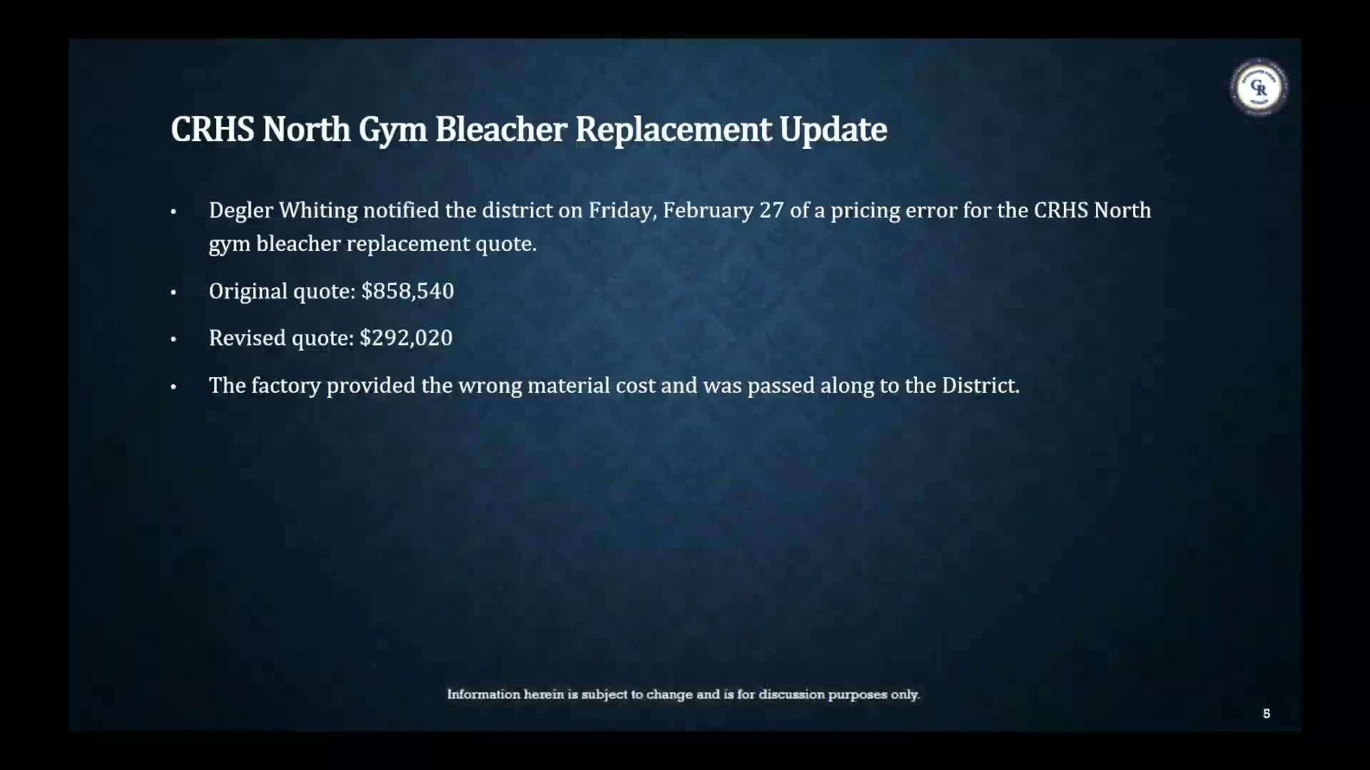 Vendor flags pricing error; Council Rock SD bleacher replacement drops from $858,540 to $292,020