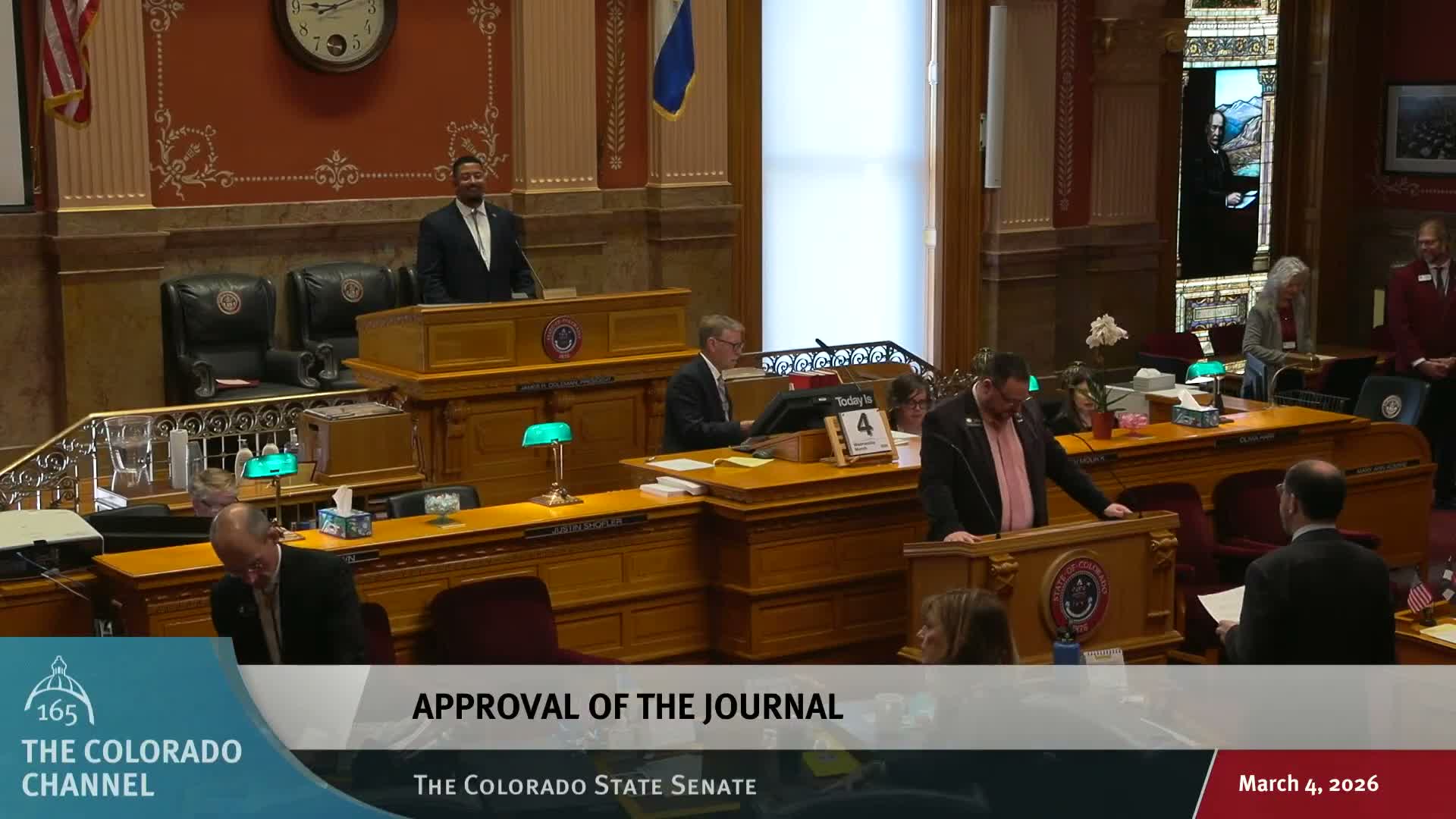 Senate approves journal, lays over a resolution and the second‑reading calendar, then recesses