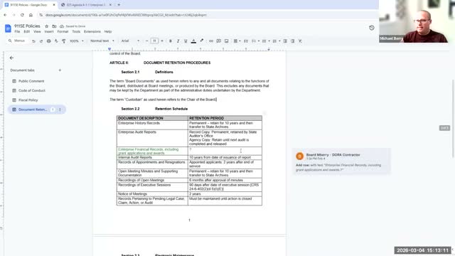 911 enterprise to adopt three-year baseline for grant and financial records, vote set for April