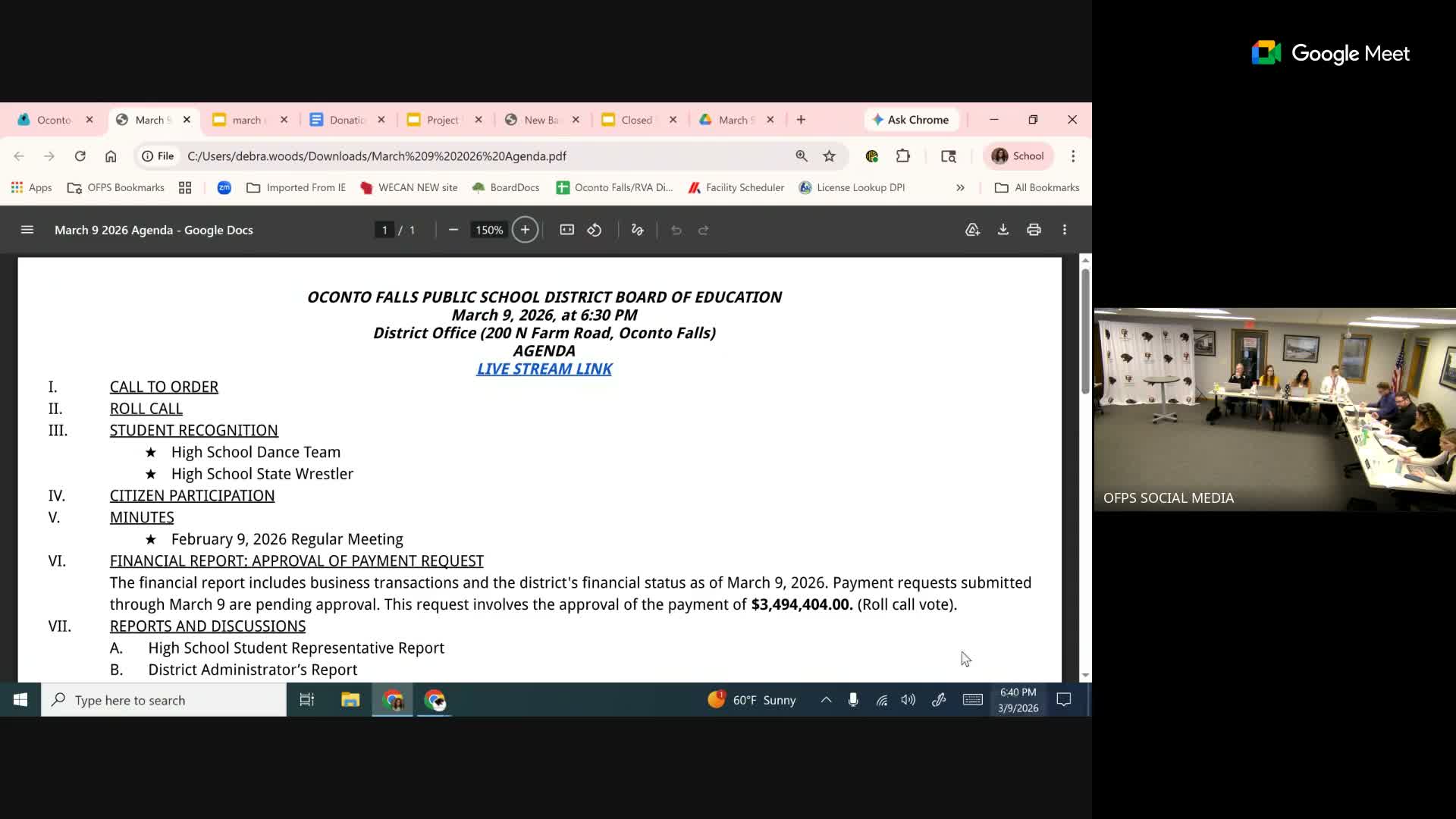 Oconto Falls board approves financial report and payments totaling $3,494,404