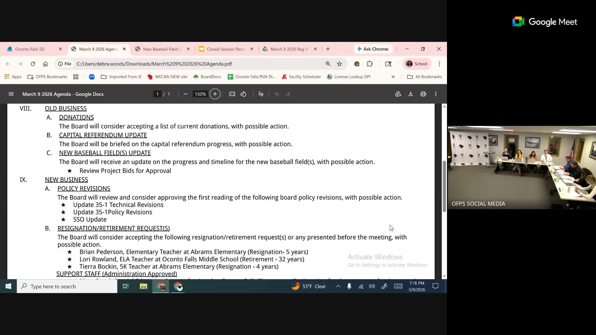 Oconto Falls board accepts resignations, recognizes retirees and approves new athletics director