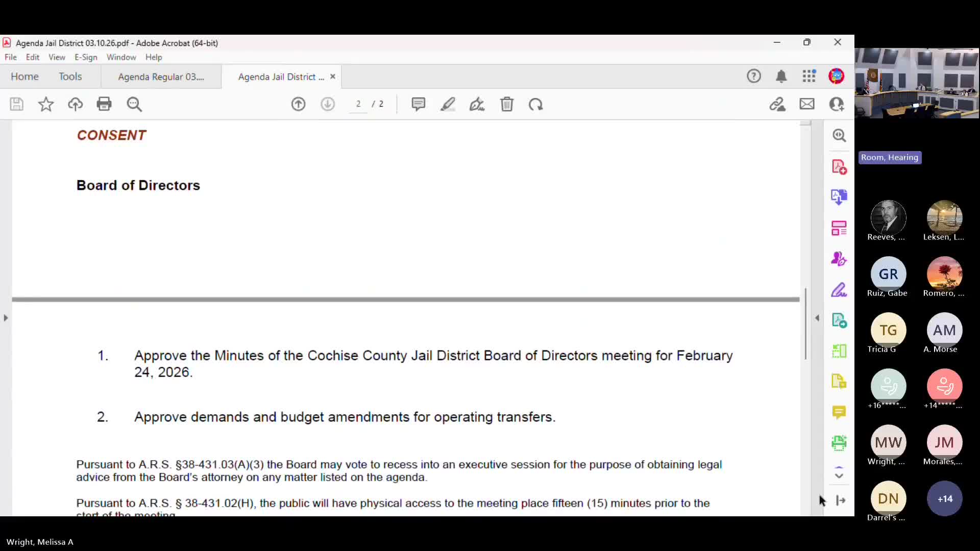 Cochise County Jail District approves consent agenda items 1 and 2, 3-0