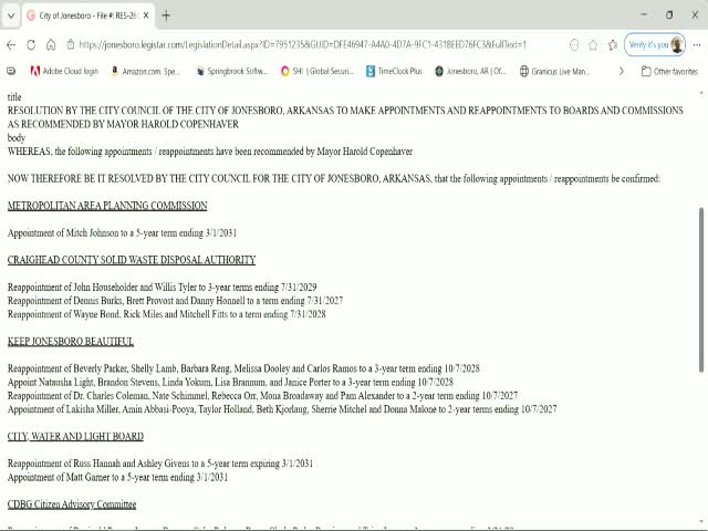 Jonesboro committee advances Resolution 26,032 to confirm mayoral appointments to multiple boards