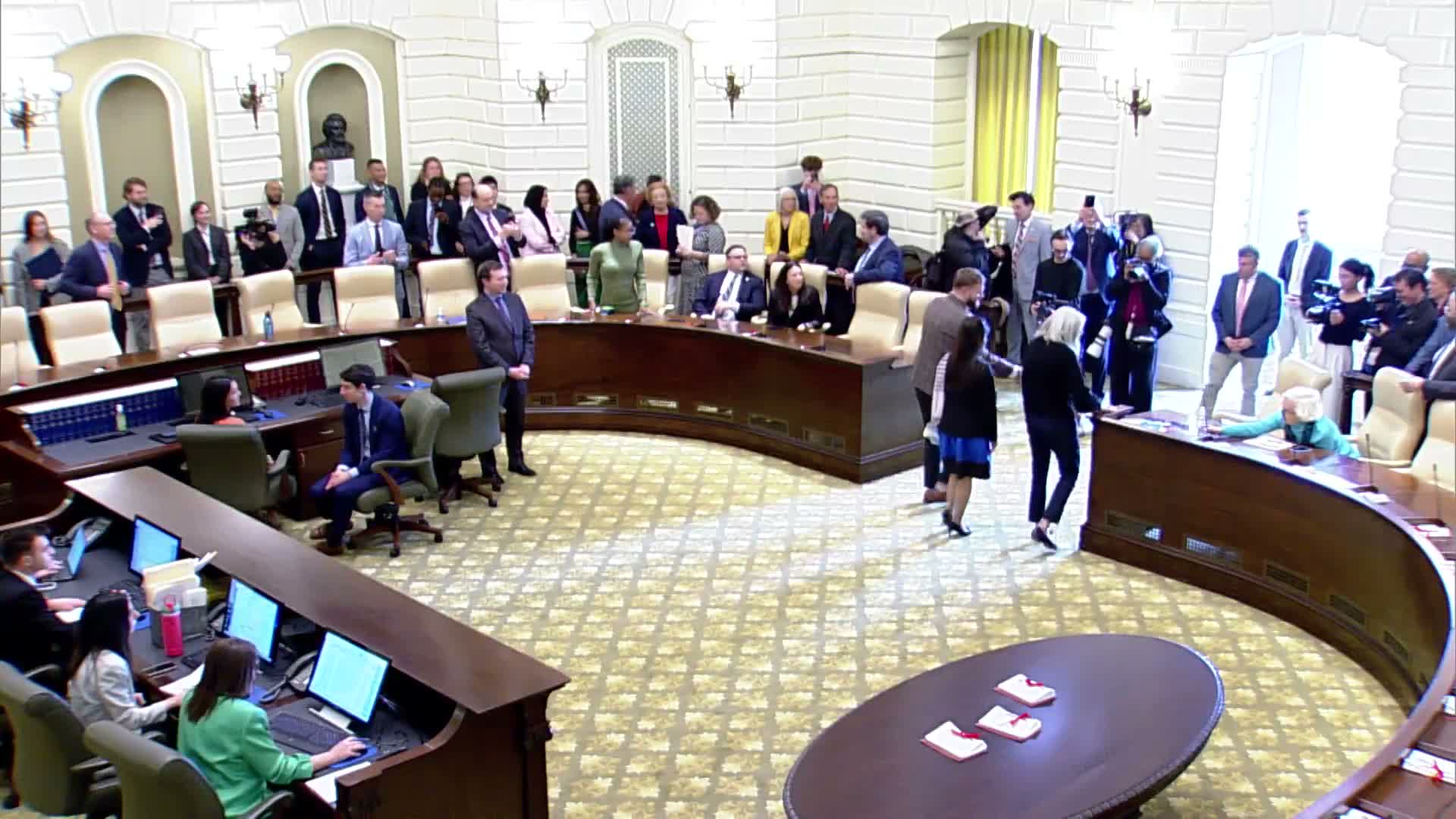 Senate adopts emergency preamble and approves sick‑leave bank for corrections employee Sally Derosher, 18–0