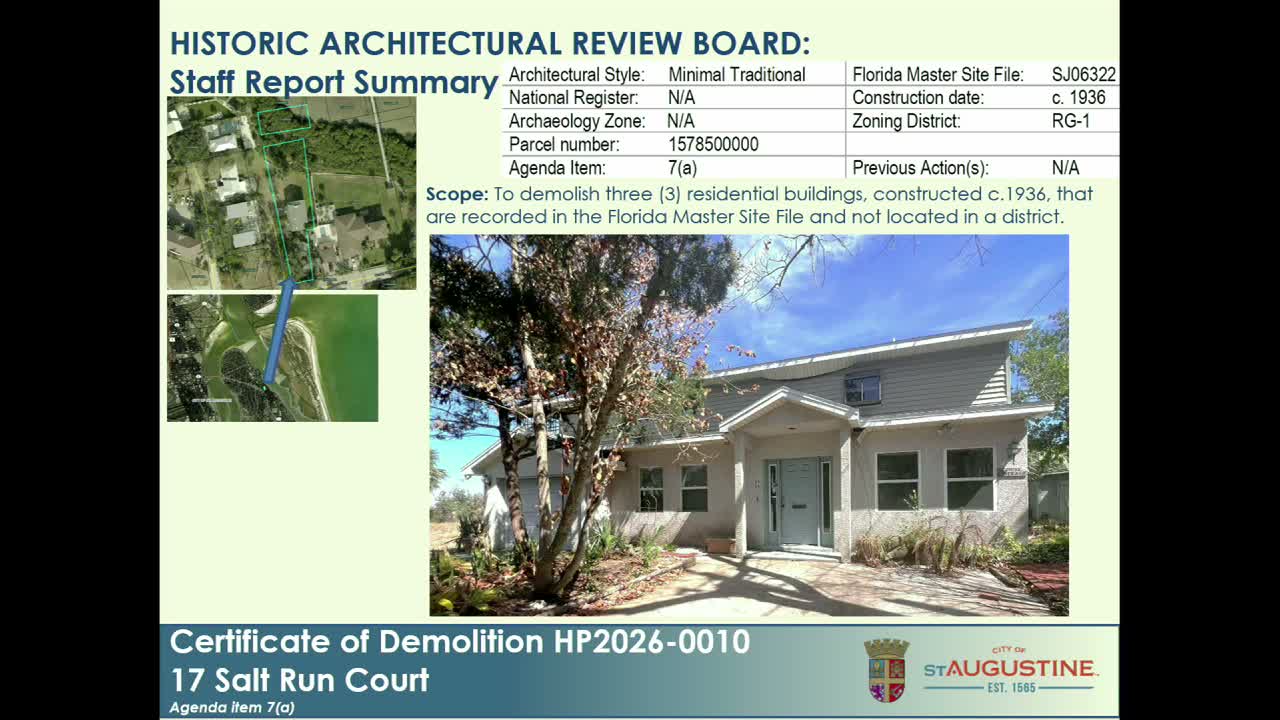 HARB clears demolition of the altered main house at 17 Salt Run Court, continues two cottages for review