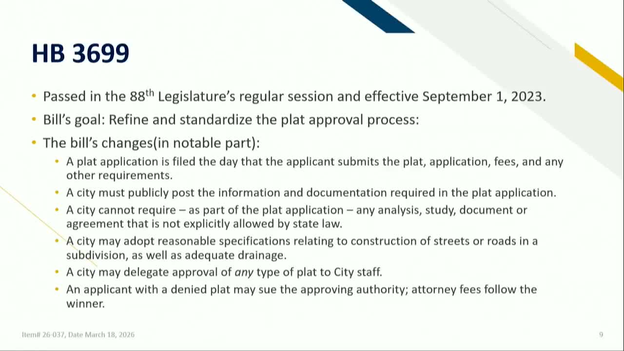 Denton planning commission work session reviews HB 3699 limits on right-of-way dedications